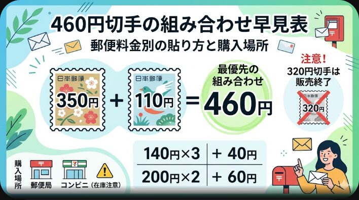 460円切手の組み合わせ早見表｜郵便料金別の貼り方と購入場所